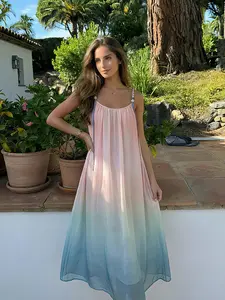 Women's Boho Beach Dress Summer 2026, Gradient Loose Fit Vacation Style, Long Sleeveless Holiday, Elegant Chic French Inspired Design