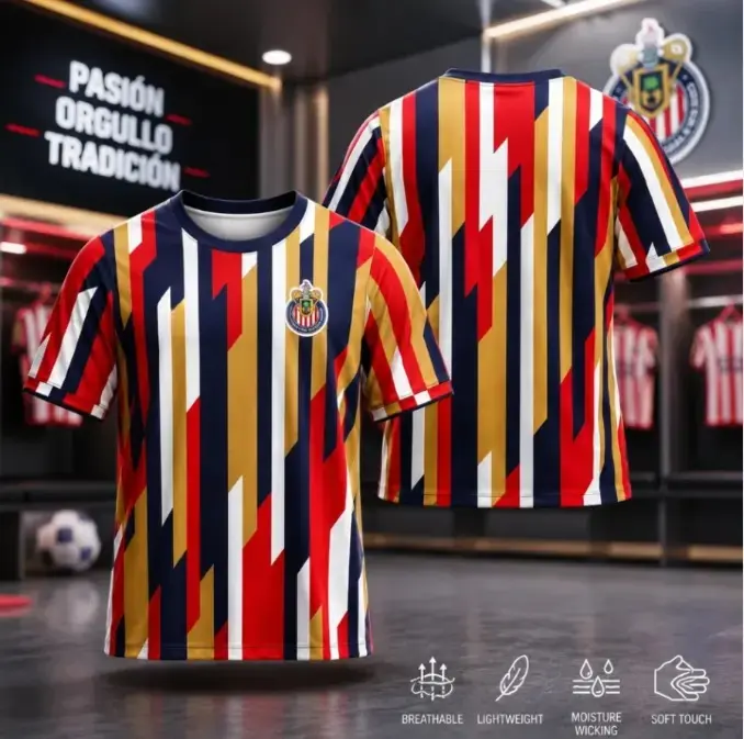 Chivas Guadalajara 2026-2027 Pre Match 3D Soccer Jersey, Geometric Stripe Football Shirt, Liga MX Unisex Fan Apparel