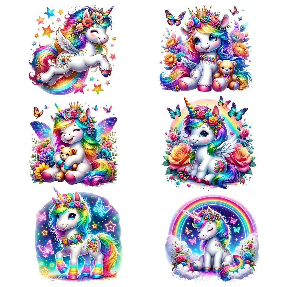 Cartoon Unicorn & Butterfly Pattern Heat Transfer Sticker, 6 Counts/set DIY Iron On Transfers Sticker, Suitable For T-shirts Jackets Jeans Hoodies