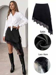 Black Satin Lace Midi Skirt Women Asymmetrical High Waisted Slip Skirt Elegant Aesthetic Bodycon Lace Hem Silk Skirt Date Night Party Chic Going Out Skirt Fit