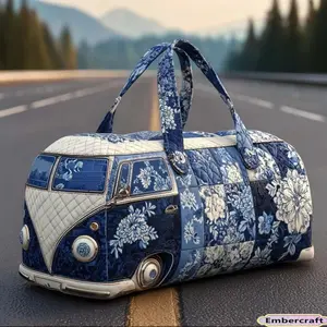 Vintage Camper Van Weekender Bag for Women - Boho Blue Floral 3D Print Travel Duffle Bag. Large Capacity Quilted Overnight Tote, Lightweight Carry On Luggage for Road Trips, Gym & Weekend Getaways. Cute Novelty Gift