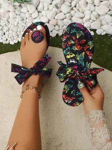 Women's Butterfly Print Bow Decor Slides, Butterfly Decorated Slides, Casual Comfortable Flat Slippers for Beach, Fashionable Slippers for Indoor & Outdoor Wear, Walking Shoes