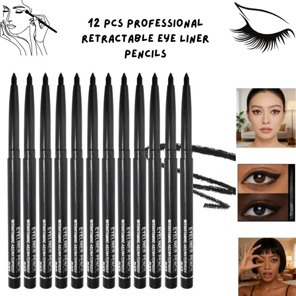 12-Pack Retractable Eyeliner Pencil for Adults - Waterproof, Smudge-Proof, Long-Lasting, Blendable, Non-Toxic, Alcohol-Free, Fast-Drying Matte Black Makeup, Suitable for Waterline & Eyebrows