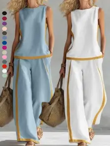 Women's Summer Fashion Two-Piece Set, Sleeveless Colorblock Wide Leg Pants, Casual Stylish Ensemble for Daily Wear, Comfortable & Trendy