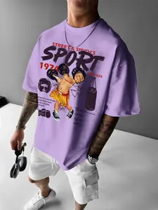 Comfy Street Style Men's Boxing Boy Graphic Print Round Neck Tee, Loose Casual Crew Neck T-shirt for Summer, Comfort Colors - Menswear, Streetwear