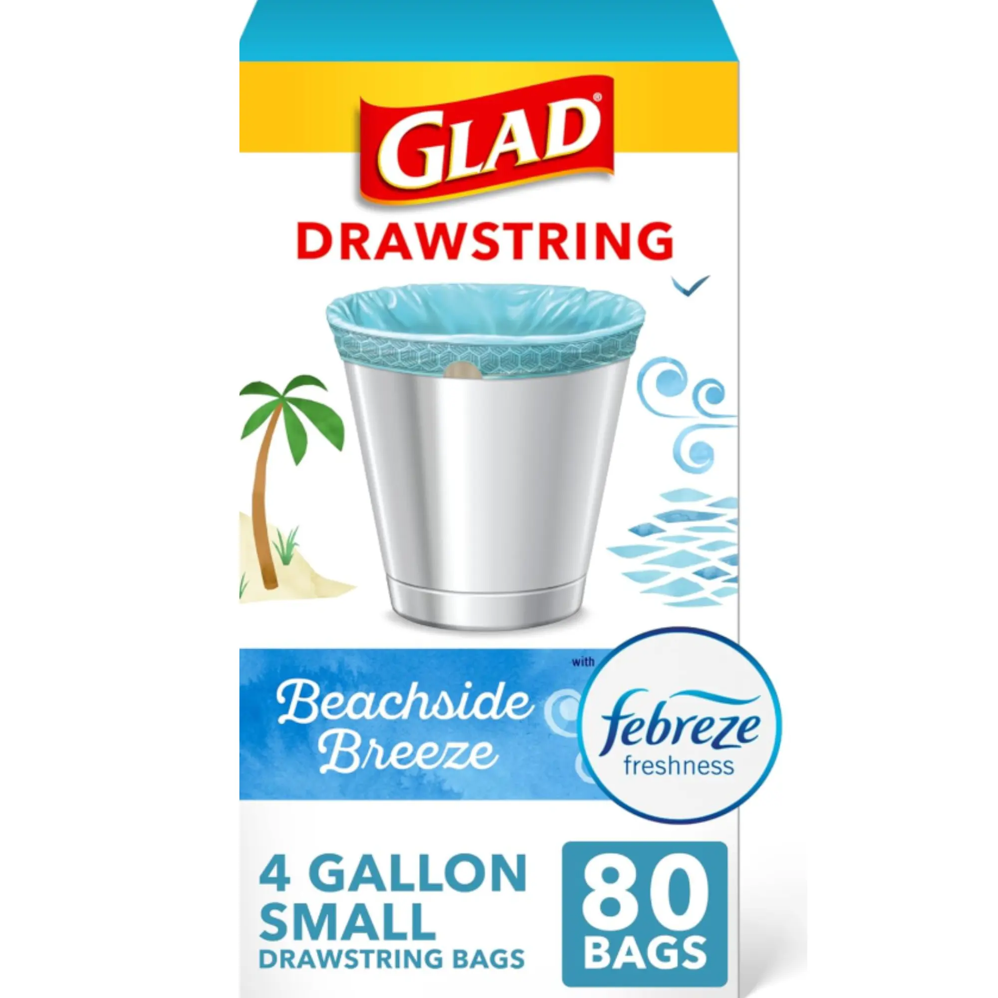 Glad Small Trash Bags, Great for Office, Bathrooms and Bedroom Bins, Beachside Breeze Scented Garbage Bags, Odor Resistant with Drawstring, Febreze Freshness, 4 Gallon Trash Bags, 80 Count