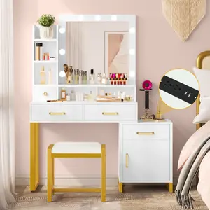 Yitahome Vanity Desk with Mirror and Lights, Makeup Vanity Table with Charging Station, Drawers, Vanity Table with Chair, 3 Lighting Colors, Brightness Adjustable, Bedroom