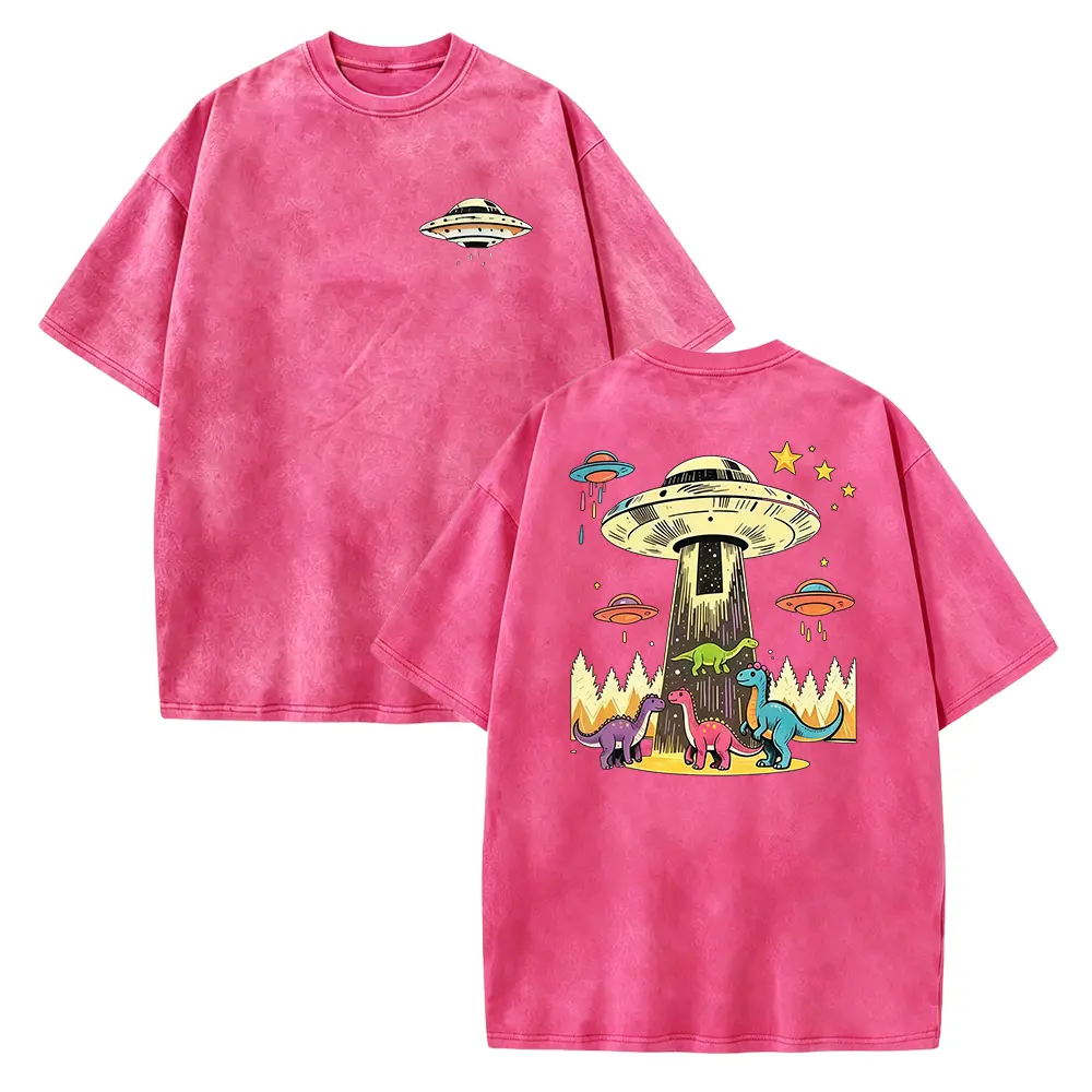 Washed-Vintage Washed Mint Green Nostalgic Sci-Fi T-Shirt - Oversized Crew Neck Short Sleeve T-Shirt with UFO And Dinosaur Prints, 230G Pure, Suitable for Daily Casual Wear And Summer Adventures