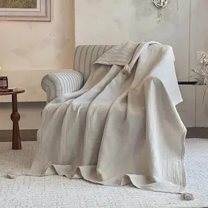Simple&Opulence Linen Cotton Throw Blanket with Tassels – Double-Layer Knit Flax Blend, Super Soft, Lightweight & Breathable, Decorative Farmhouse Blanket for Couch, Sofa, Bed