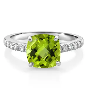 Gem Stone King 10K White Gold Green Peridot and White Lab Grown Diamond Engagement Ring For Women (2.70 Cttw, Cushion Checkerboard 8MM, Gemstone August Birthstone)