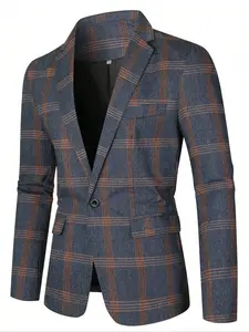 Men's Plaid Print Button Front Lapel Pocket Blazer Jacket, Plaid Tuxedo, Long Sleeve Fitted Business Formal Wear, Fall & Winter Casual Style