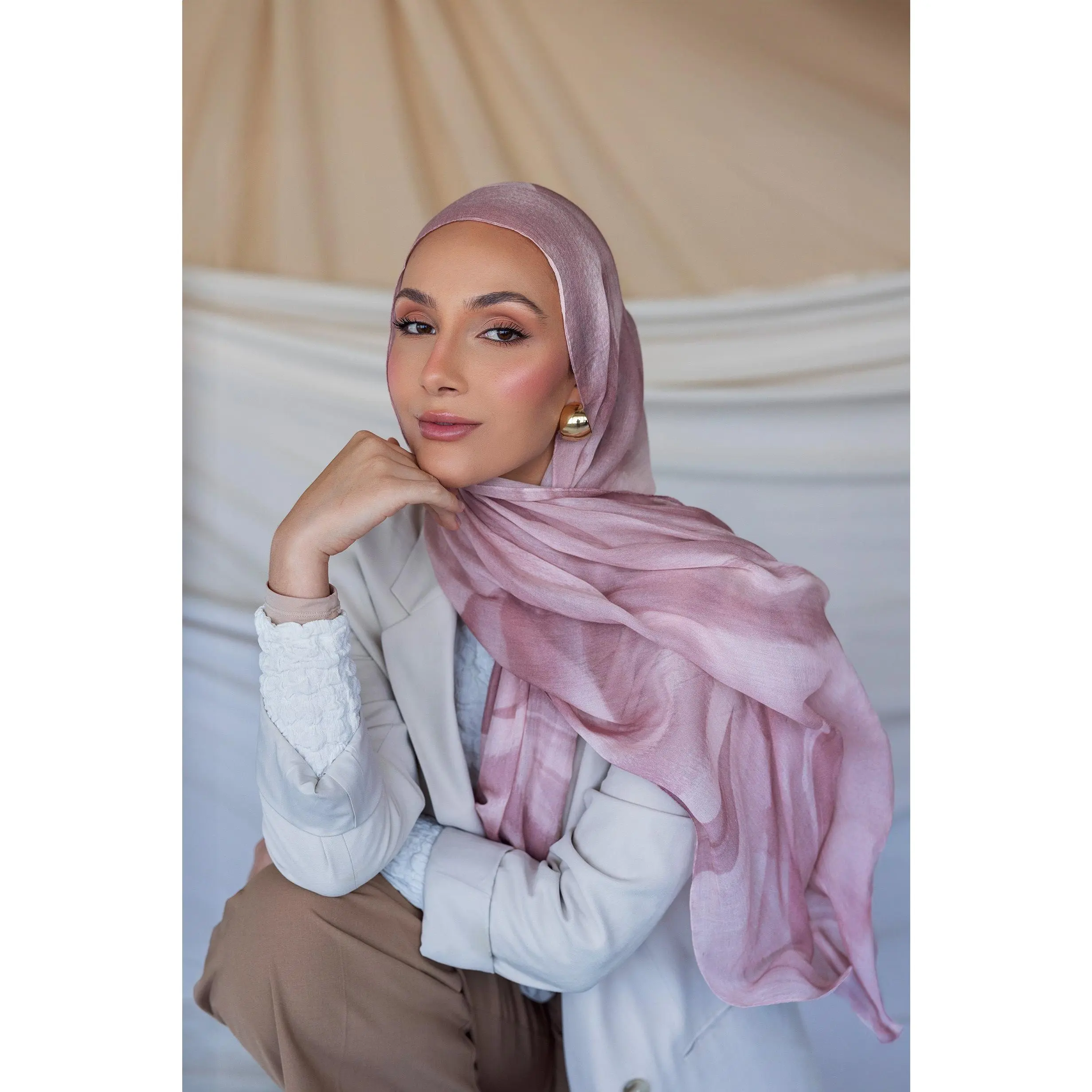 VELA Rose Sediment Printed Square Hijab | Fashionable Head Scarf for Women | Unique Design Head Wrap for Hijab Style, Head Scarfs