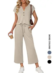 Women's Summer Casual 2-Piece Set, Short Sleeve Button Top & Elastic Waist Pants, Breathable Fabric, Home Wear, Daily, Womenswear