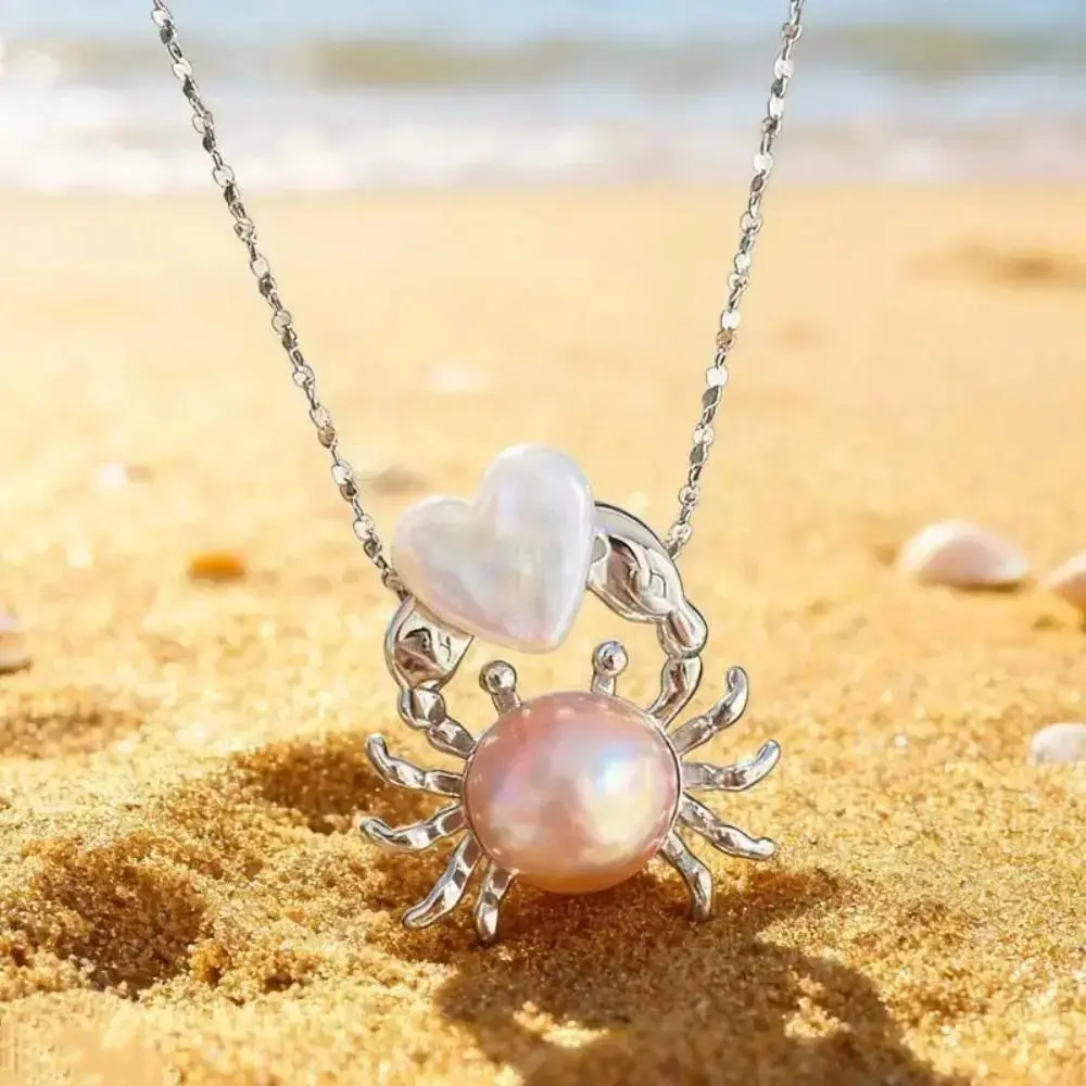 Dainty Silver Tone Crab Pendant Necklace With Heart & Round Pearls, Hypoallergenic Cancer Zodiac Coastal Beach Charm, Sparkle Twist Adjustable Chain, Lightweight Sea Jewelry For Women Summer Vacation Daily Birthday Gift