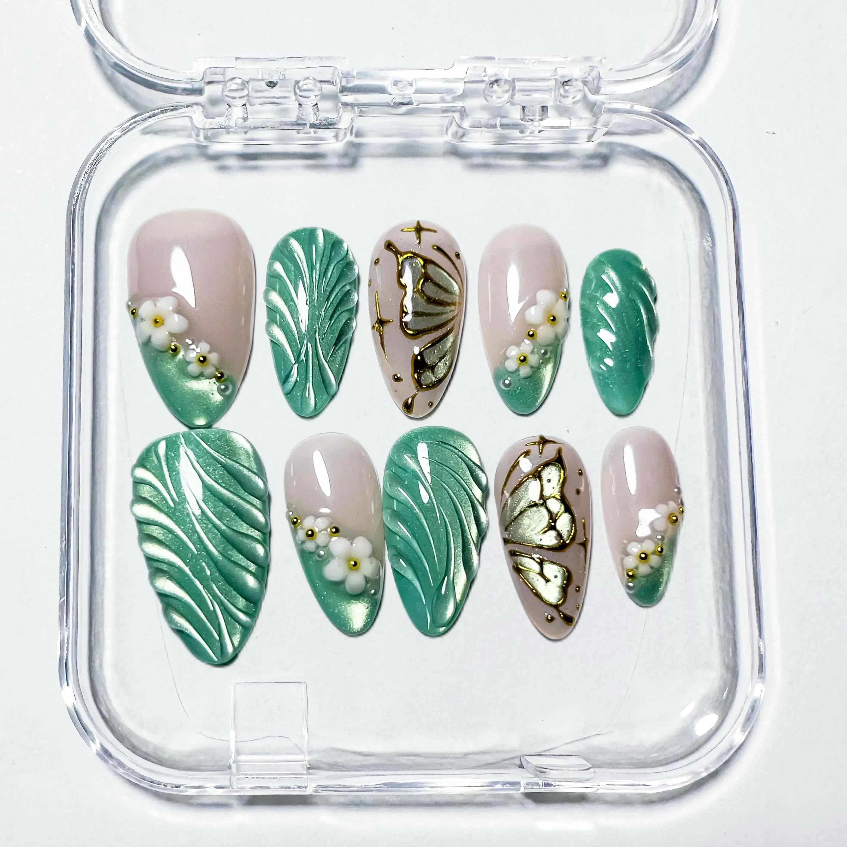 Sculpted Almond Press-On Nails, Pearlescent Mint Green Multi-Pack with 3D Accents, Botanical Look Flower Details, 10-Piece Easy-Apply Handmade Smooth Shine Fake Nails, Flower Nails