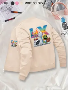 Trendy Fashionable Cartoon Rabbit & Frog American Football Match Printed Baseball Jacket, Daily Casual Sports Outerwear & Hoodie Jacket, With Casual Zipper Design and Practical Pocket Details, Suitable for Daily Wear