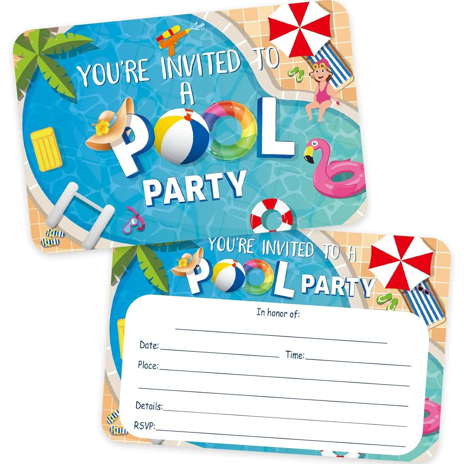 30 Set Pool Party Invitations with Envelopes, Summer Birthday Party Invitation Cards for Boys Girls, Pool Party Invites