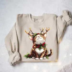 Christmas Cat Reindeer Sweatshirt, Cute Kitten Santa Sweater, Funny Orange Cat Christmas Hoodie, Xmas Gift, Animal Xmas Hoodie