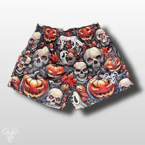 Goat Strength Skull and Jack-o-Lantern Halloween Athletic Mesh Shorts - 5 Inch Inseam, Breathable Elastic Workout Gym Shorts with Zipper Pockets