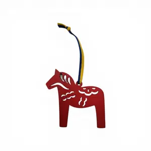 Ornament: Red Laser Cut Dala Horse with Kurbits from Sweden with Blue and Yellow Ribbon