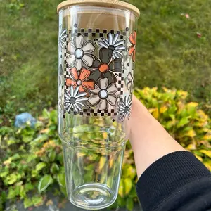 Boho Floral 40oz Clear Glass Tumbler with Handle