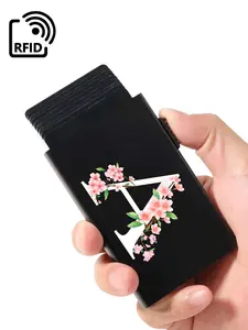 Letter & Cherry Blossom Pattern Card Holder, Anti-theft Card Box, Mini Wallet, Travel, Back To School Men's and Women's Card Bag Storage