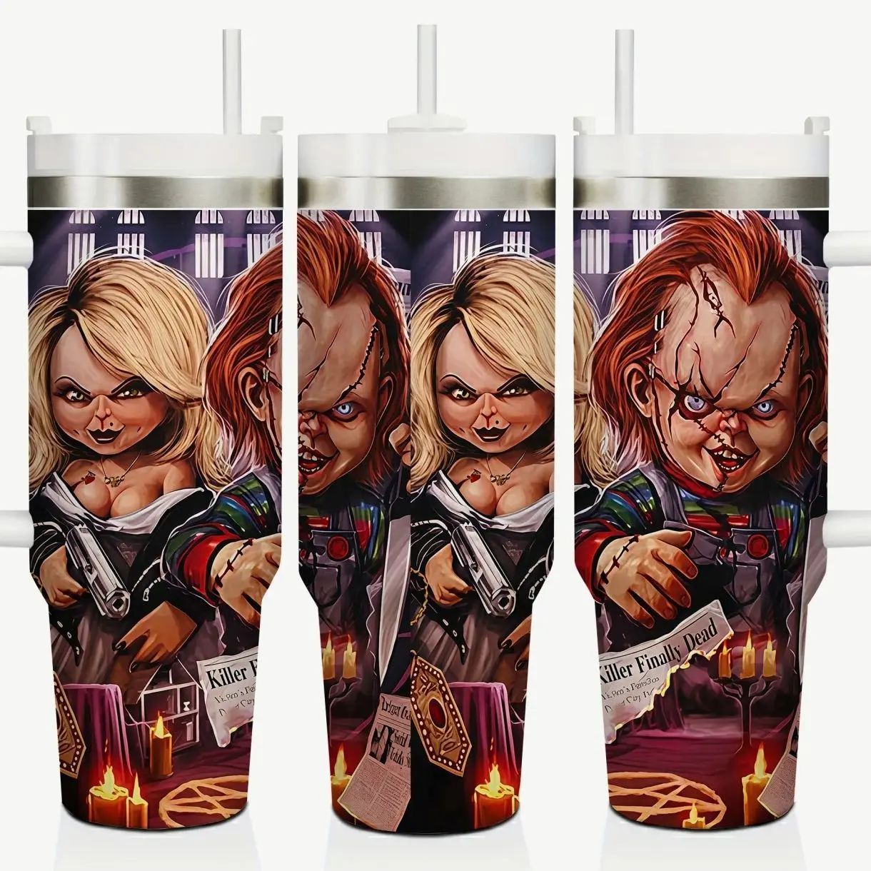 Bride of Chucky Horror Doll Inspired 40oz Insulated Travel Tumbler Stainless Steel Mug with Handle and Straw Leak Proof Vacuum Thermal Cup Keeps Drinks Hot 12H Cold 24H Fan Gift Spooky Goth Aesthetic Large Water Bottle Reusable Mug Retro 2026
