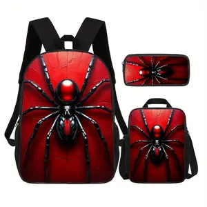 Red Background Black Widow Spider 3PCS Backpack Set, Durable 600D Oxford Cloth School Bag with Lunch Box & Pencil Case Combo, Adjustable Breathable Strap, Fits 15in Laptop for Kids Teens School Travel Outdoor