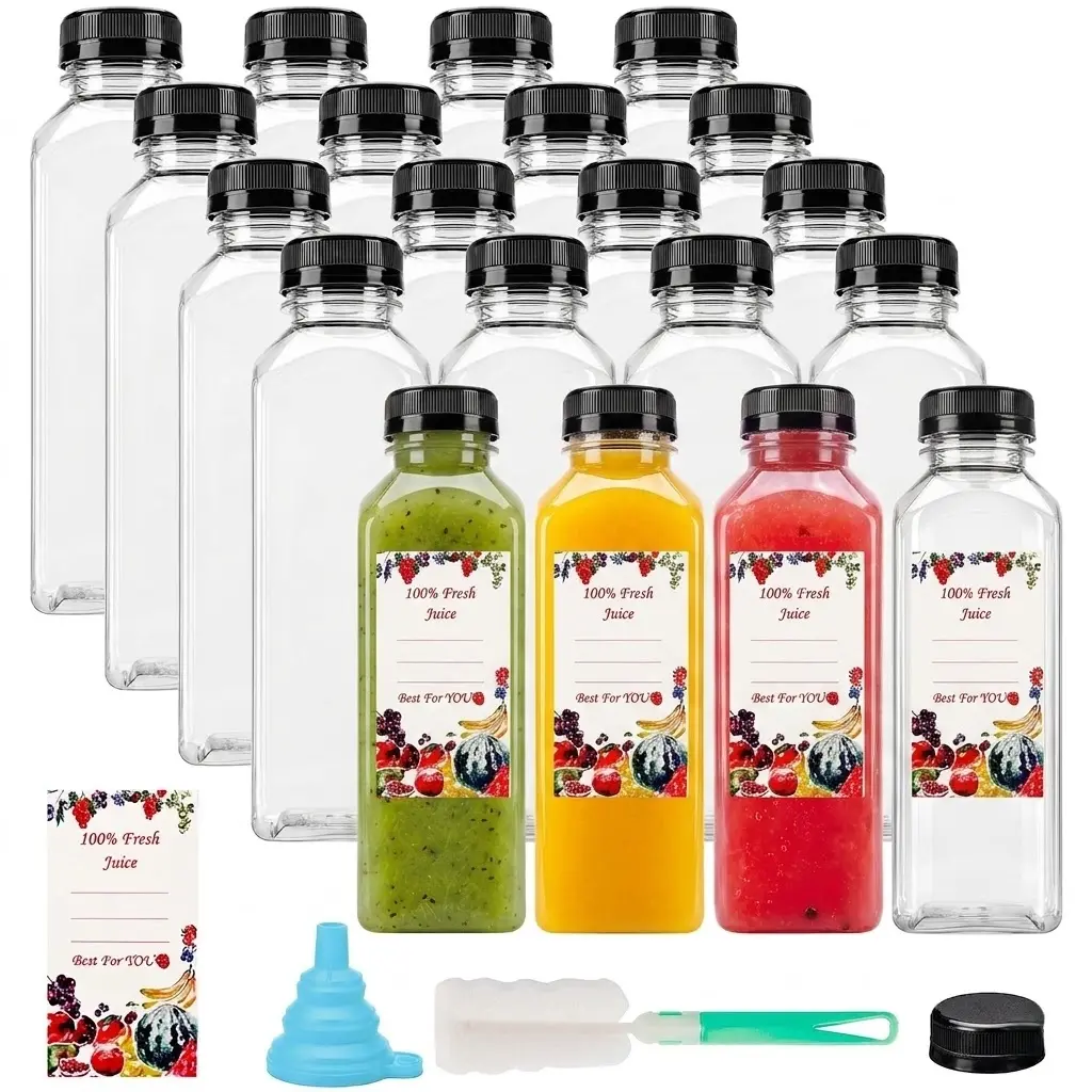 20pcs 16oz Juice Bottles, BPA-Free Clear PET Plastic Bottles with Tamper Evident Caps, Reusable Drink Containers for Juice, Smoothie, Iced Coffee, Meal Prep