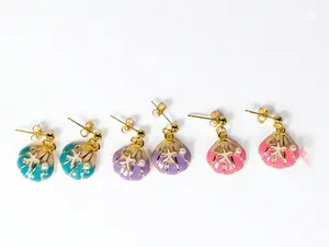 Dainty Pastel Seashell and Coral Gold Drop Stud Earrings - Set of 3 Pairs