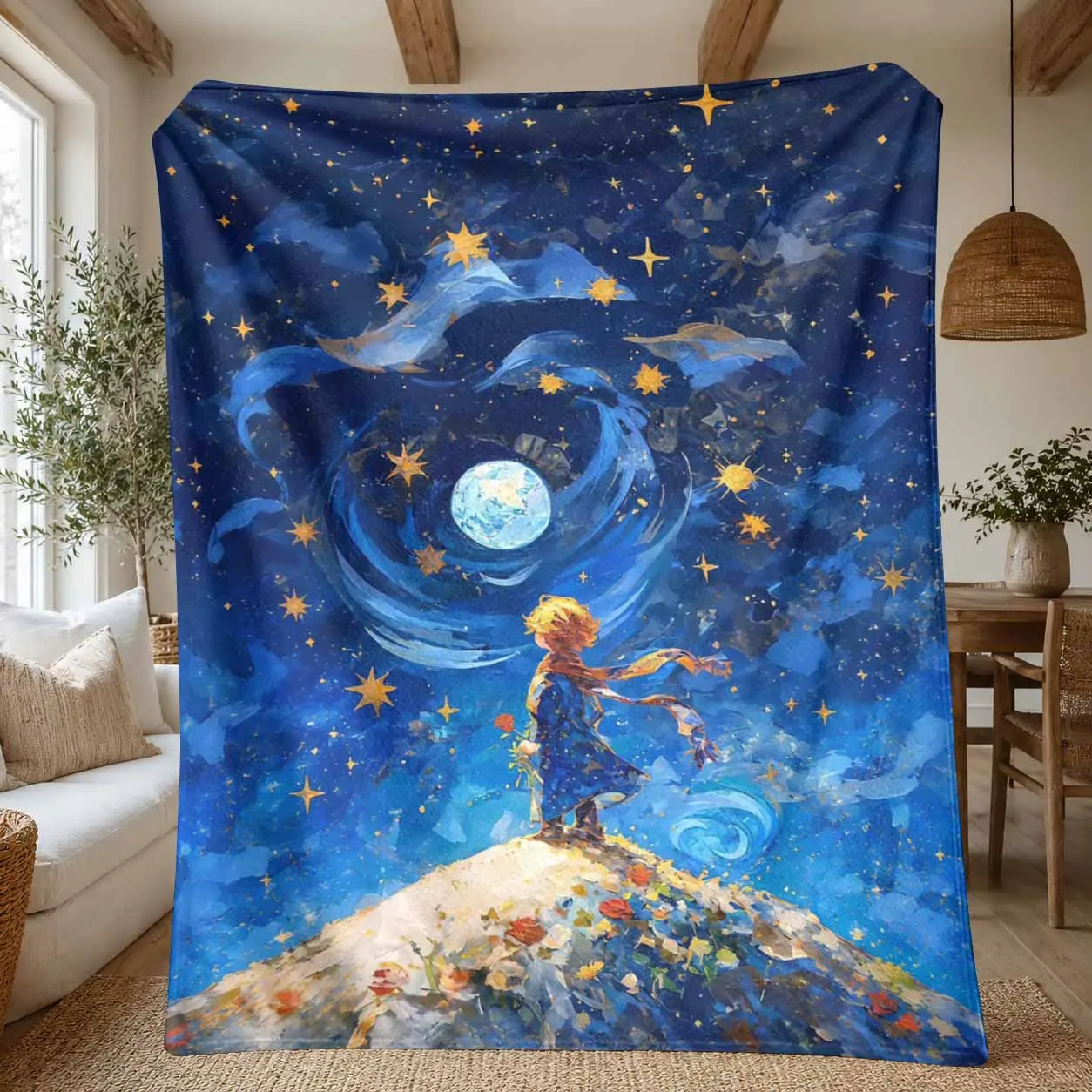 Starry Night Wanderer Flannel Blanket Galaxy Planet Art Pattern Soft Lightweight Plush Breathable Decorative Warmth Throw For Cozy Bedroom Living Room Bed Sofa Office Nap Travel Camping Bedding Decor Gift