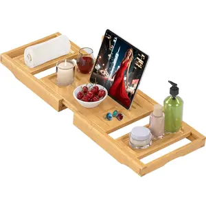 Expandable Bamboo Foldable Natural Bathtub Tray Caddy, Bath Tub Table, Bathroom Accessories, Perfect Gift for House Warming Anniversary Birthday