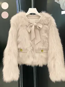Elegant Women's Faux Fox Fur Coat,  Long Sleeve Fashionable Commuter Jacket, Warm Comfortable Short Design with Bow Detail