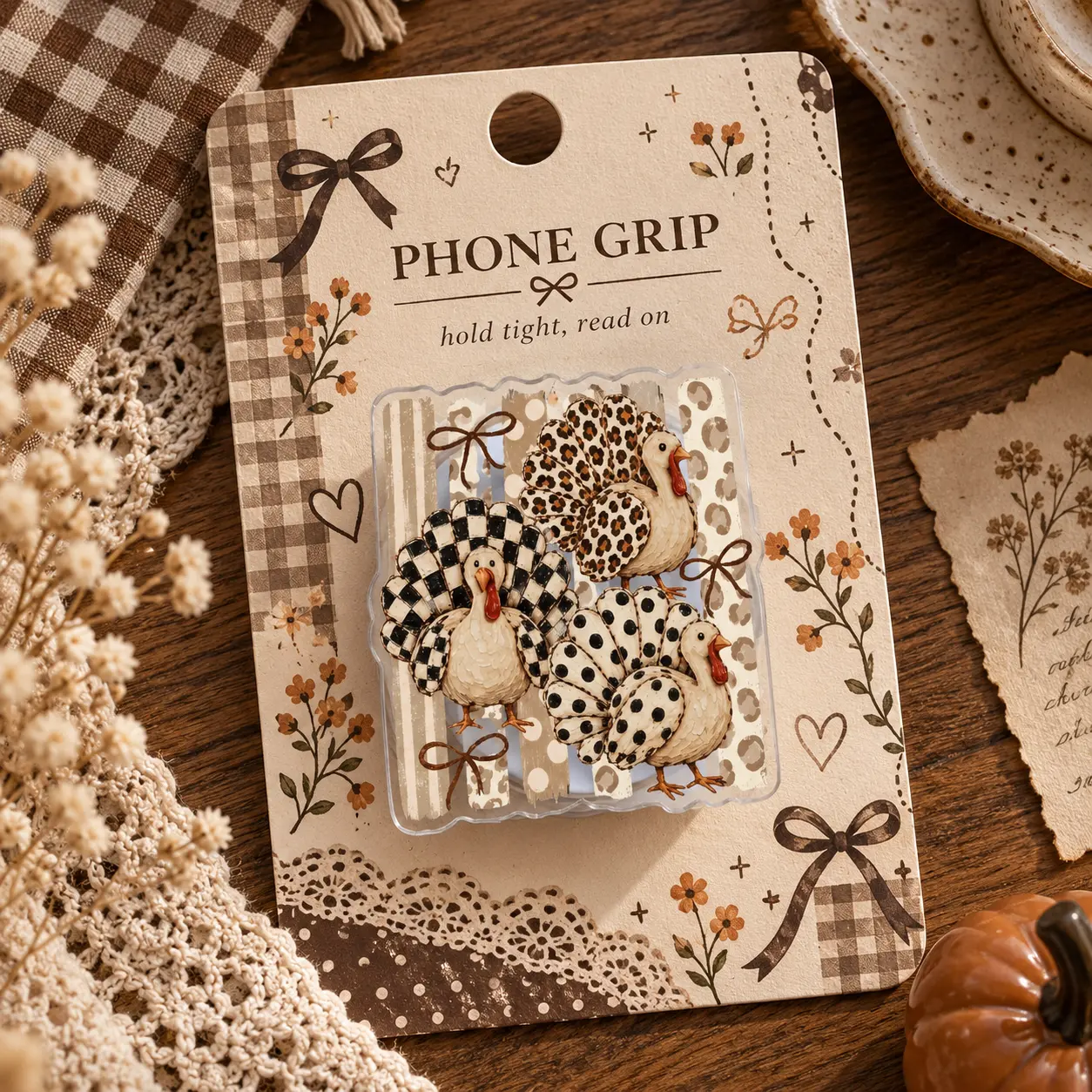 Thanksgiving Turkey Phone Grip, Leopard Cheetah Fall Mobile Stand, Cute Bow Autumn Holiday Phone Holder Gift For Women