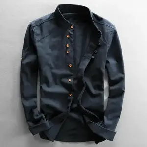 Men’s Linen Cotton Long Sleeve Stand Collar Slim Fit Solid Color Casual Breathable Classic Top Ideal for Everyday Wear