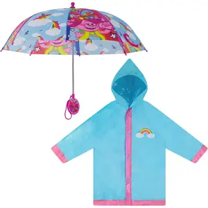 Girls kids poncho raincoat set trolls poppy rain wear for ages 47 umbrella and slicker redbluegreen 45t us