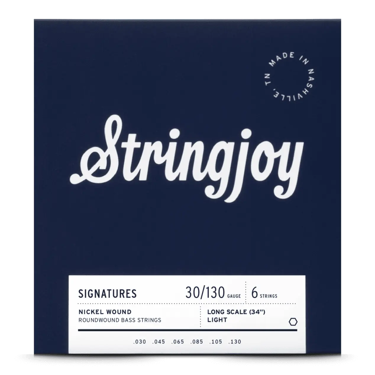 Stringjoy Roundwound Nickel Wound Bass Guitar Strings - 6-String, Long Scale, 30-130 Light Gauge Signatures