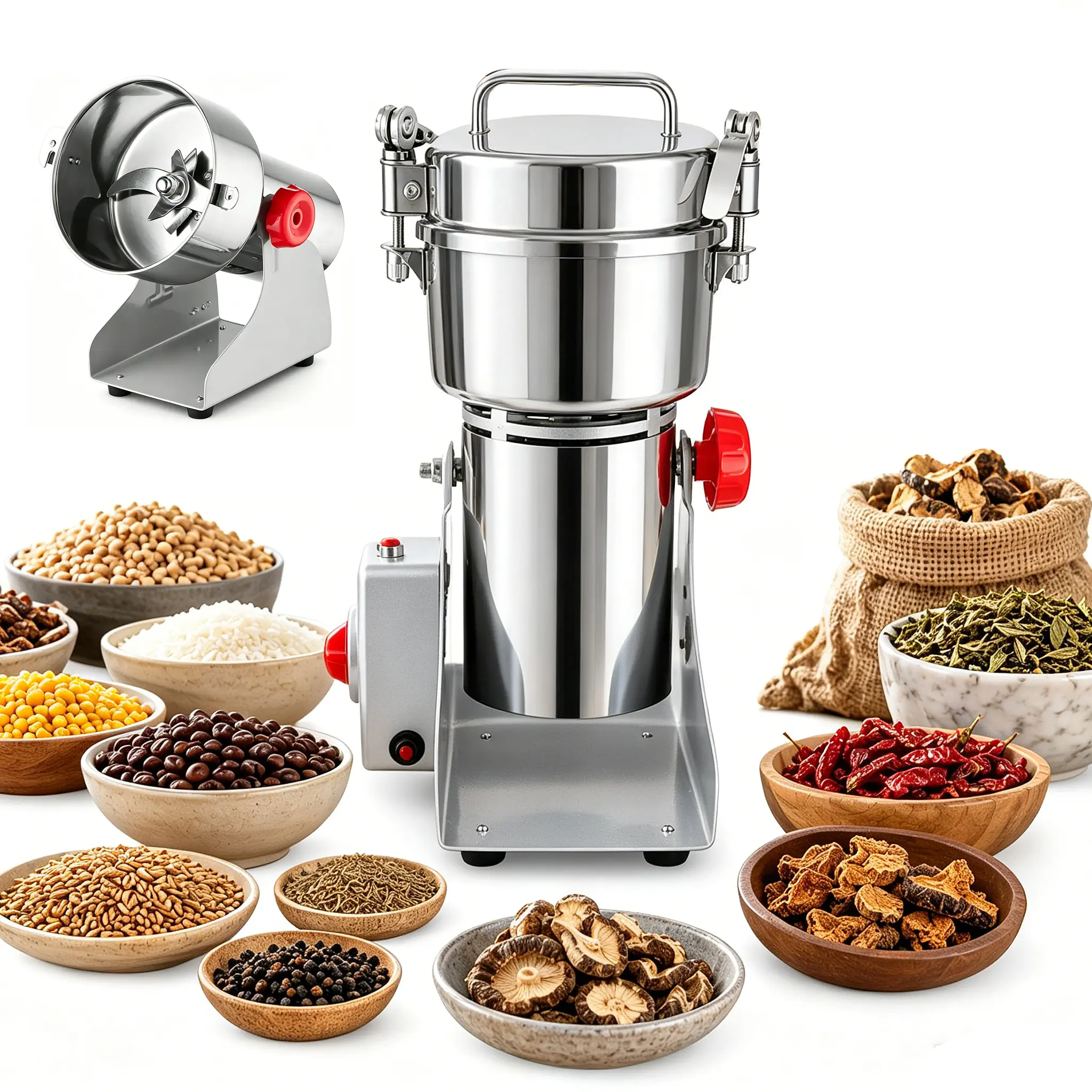 2500W High-Speed Electric Swing Automatic Mill Grinder, 304 Stainless Steel Commercial Spice Pulverizer with Auto Timer, Overload Protection Dry Grinder for Cereals, Coffee Beans, Corn
