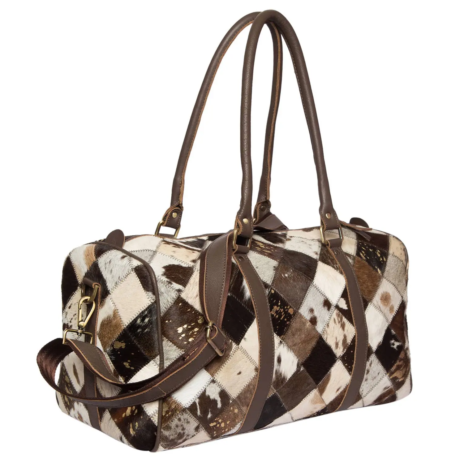 Patchwork Cowhide Travel Bag Brown & White