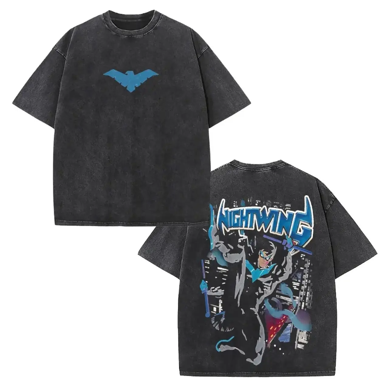 Men's T-Shirt, Streetwear Style, Graphic Print, Nightwing Character Design,  Dark Colorway, Oversized Fit, Casual Wear, Summer And Spring Season, Urban Fashion Statement, Comic Book Inspired Artwork, Front And Back Printing 94R