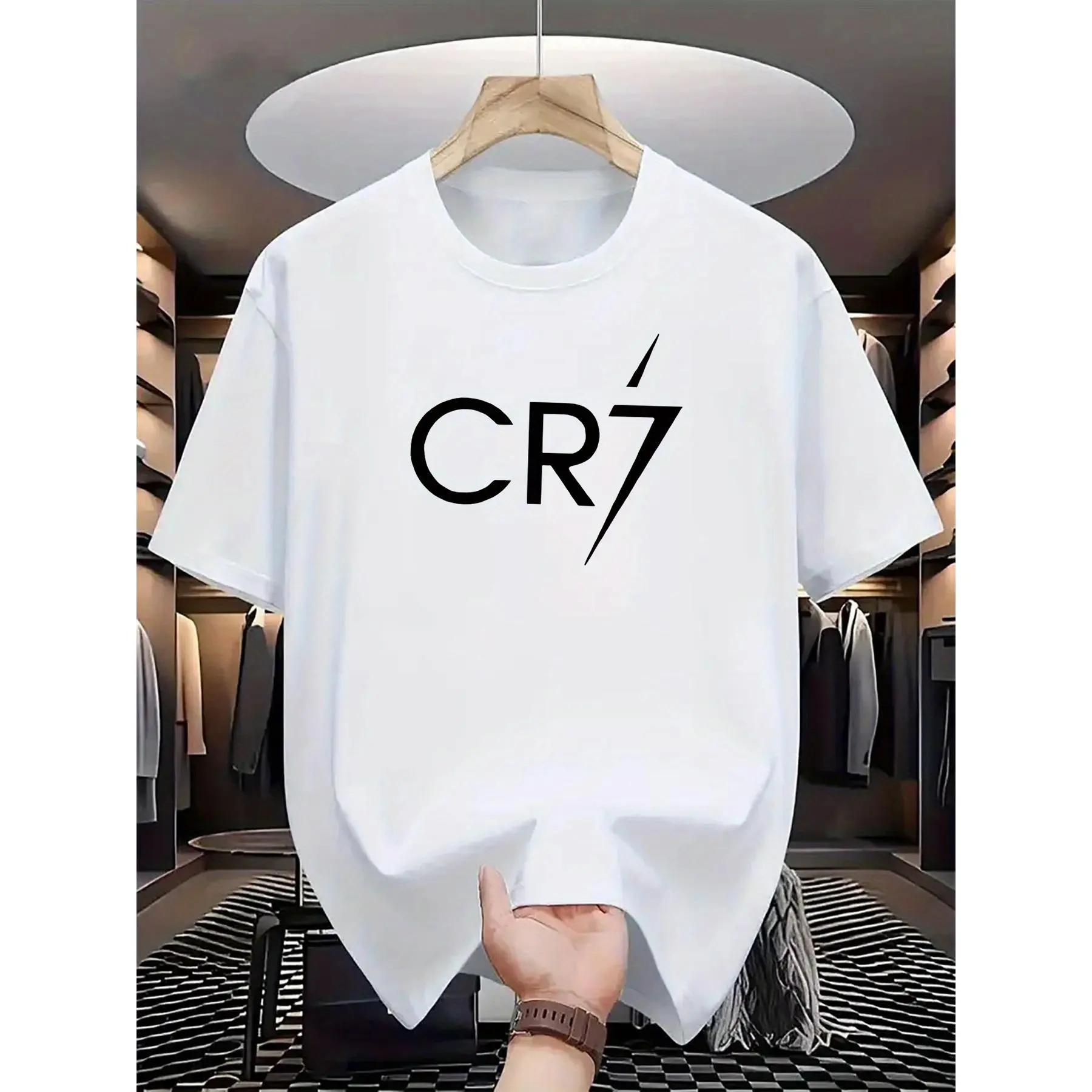 Men's Quick-Dry Breathable Seamless Fabric Tshirt Top, Summer Short Sleeve Round Neck Menswear Tee with Bold CR7 Graphic Print for Casual Attire
