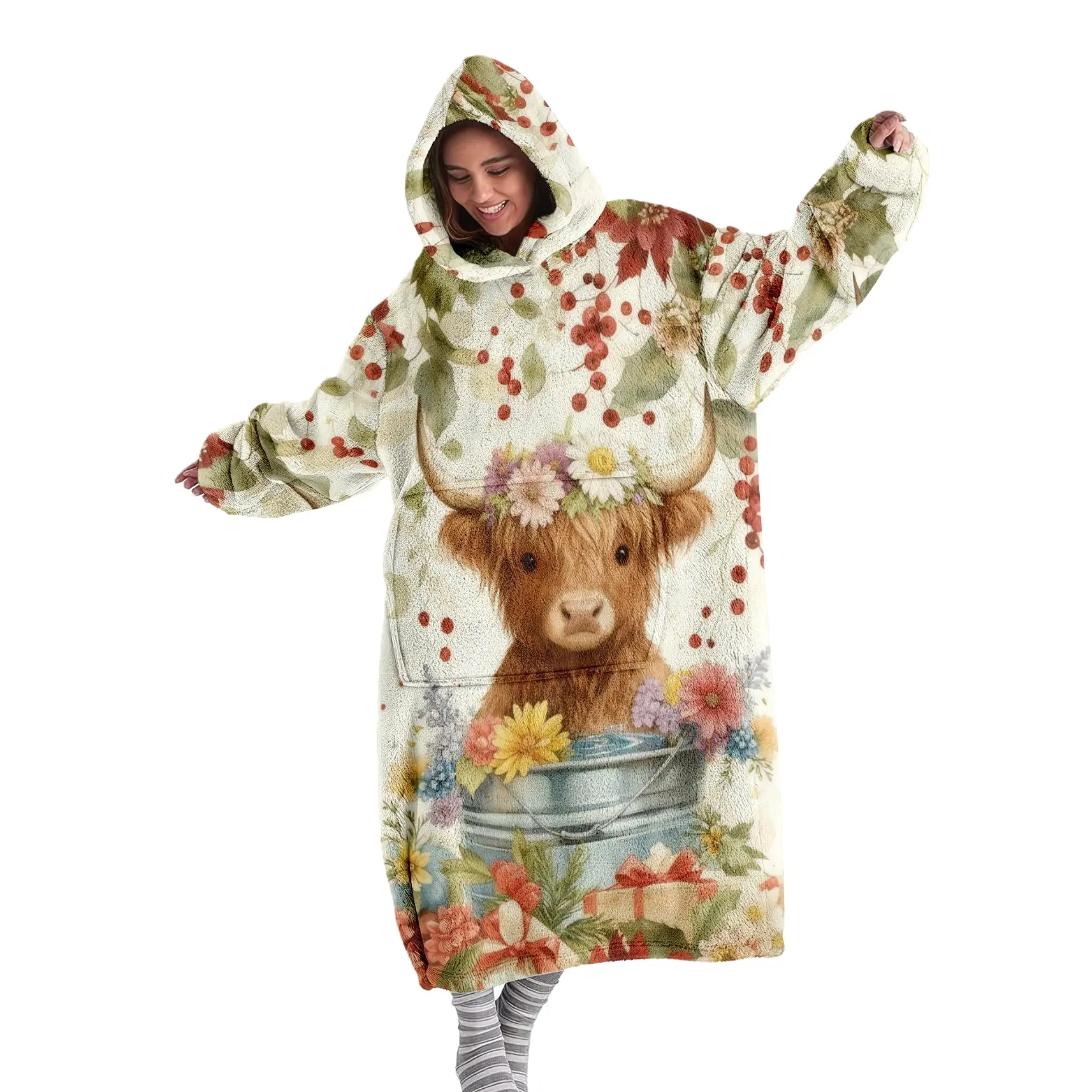 hoodie blanket, Cozy Hooded Blanket, Wearable Blanket, Women's Hooded Blanket Sweatshirt, Wearable Blanket Robe, Fashion Sleepwear, Highland Cow Print Thick Home Clothes, Christmas Gift, Valentine's Day gift