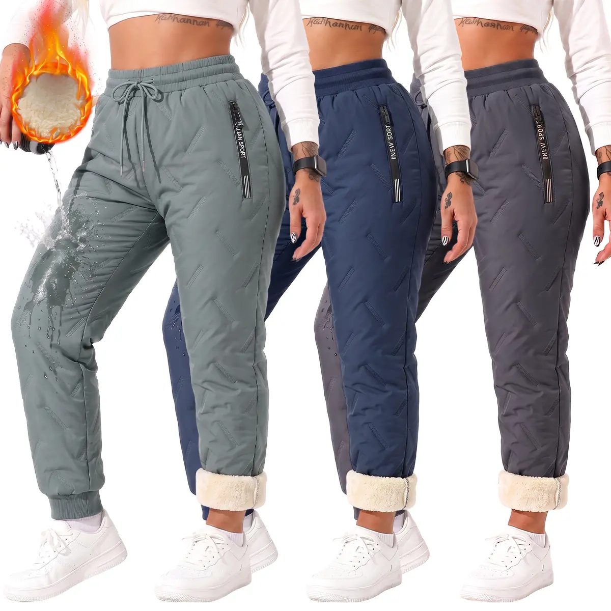 JOGWAVE Women's Bottoms - 3PCS Fleece-Lined Winter Long Pants, Loose Fit with Zippered Pockets, Warm Casual Trousers for Everyday Wear & Outdoor Activities, Christmas Gift
