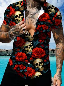 Skull & Rose Floral Print Short Sleeve Collared Shirt, Men's Summer Loose Casual Top, Fashion Personality Trendy Style