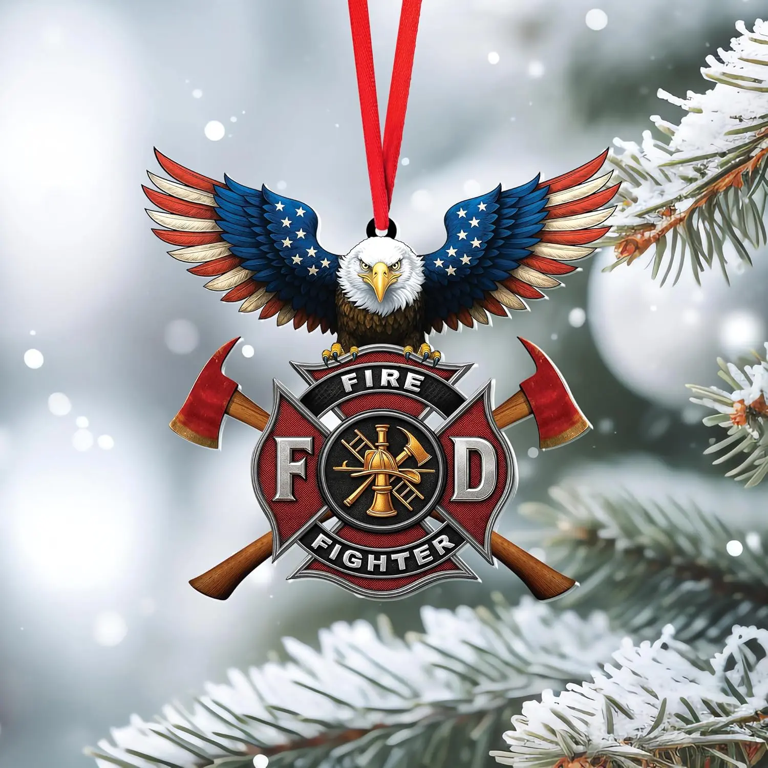 Firefighter Christmas Ornament, Firefighter Eagle US Flag Keepsakes, Gifts for Firefighters Fireman, Christmas Ornaments for Family Friends Colleague Boss Team Members (Style 2)
