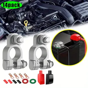 Battery Terminal Connectors Kit, Heavy Duty Positive Negative Auto Car Marine Terminals, with 4 Pcs 2 Gauge 3/8" Copper Lugs, 4 Heatshrink Tubes, 2 Protective Covers and 2 Anti Corrosion Washers