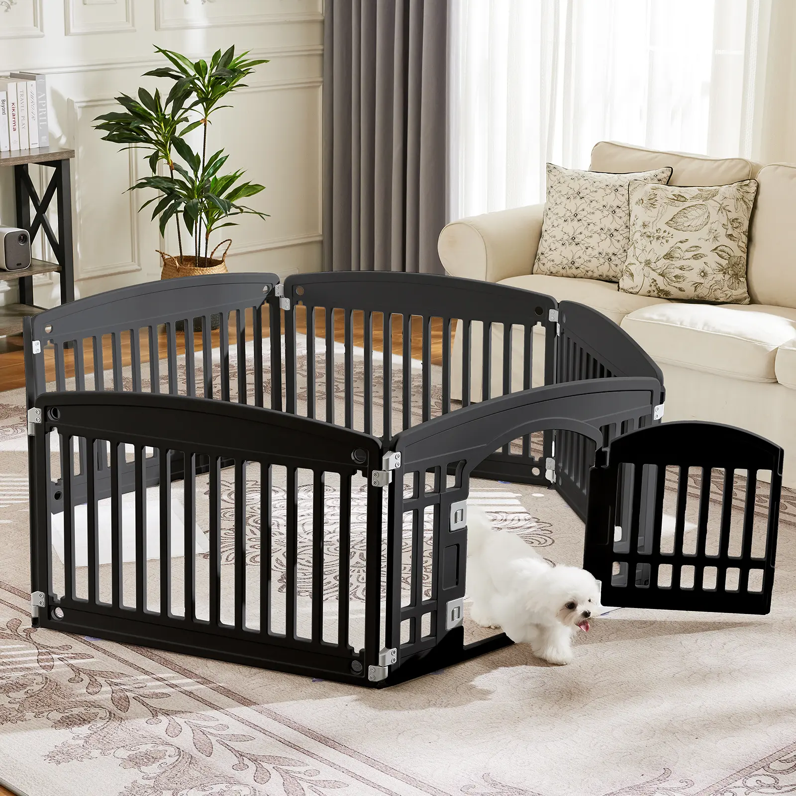 Durable 6-Panel 24" Puppy Playpen w/ Escape-Proof Door - Indoor Outdoor Plastic Pet Fence for Medium Dogs, （Anti-jump top cover sold separately）Portable & Secure, Black
