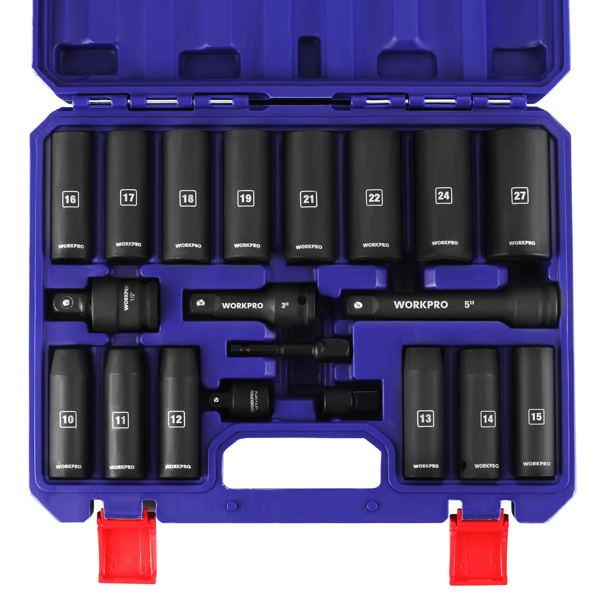 WORKPRO 20-Pack 1/2" Drive Deep Impact Socket Set - Metric 6-Point Cr-V Steel, 10-27mm, Universal Joint, Adapter, Extension Bar