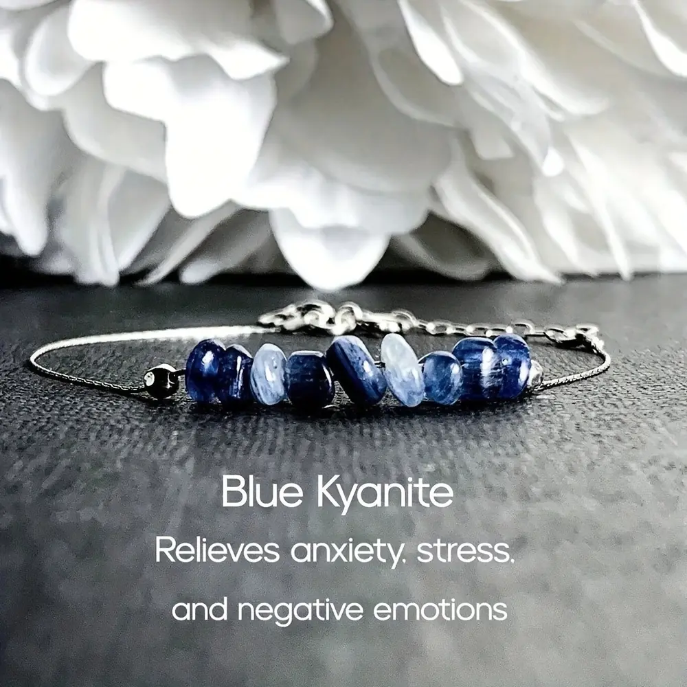 Blue Kyanite Bracelet, Minimalist Adjustable Energy Jewelry for Adults, Stress Relief and Office Styling, Unisex Birthday Gift, Non-Natural Crystal Bracelets & Anklets, Unique Kyanite Chips, Daily, Relieves Anxiety, Tension, Modern Non-Natural Crystal Bra