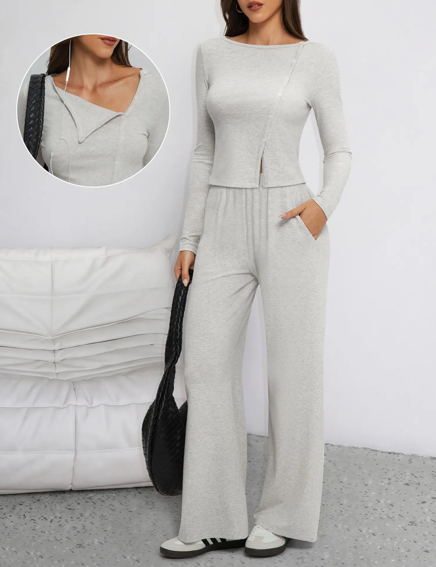 Tournesol Women's Asymmetrical Button Front Lounge Set, Long Sleeve Top & Wide Leg Pants 2 Piece Outfit 034